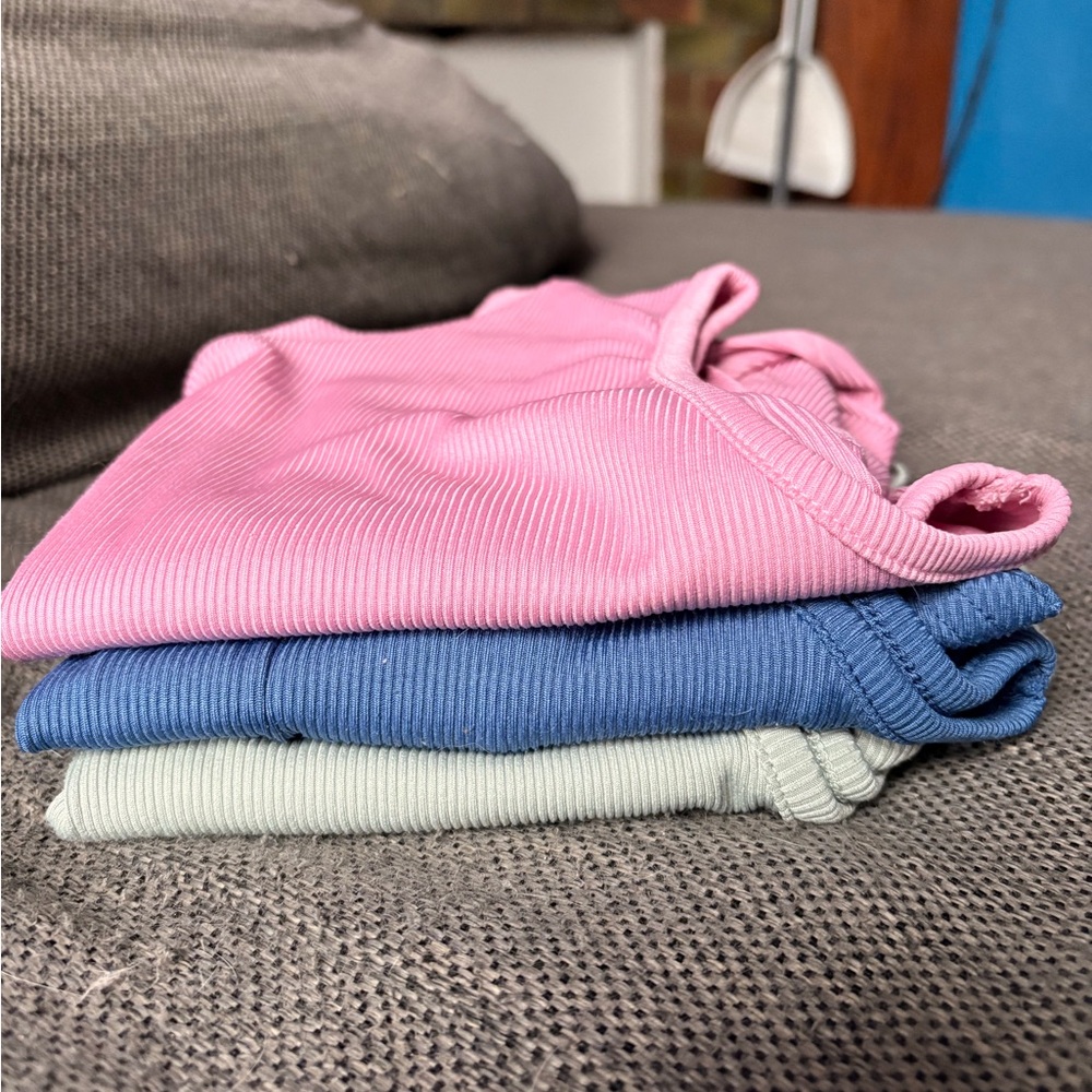 Set of Three Ribbed BodySuits - Pink, Blue, and Light Green
